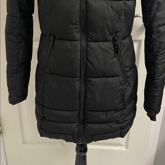 Parka Black Quilted Puffer Jacket With Detachable Hood Wind Water Resistant Sz S - Picture 3 of 16
